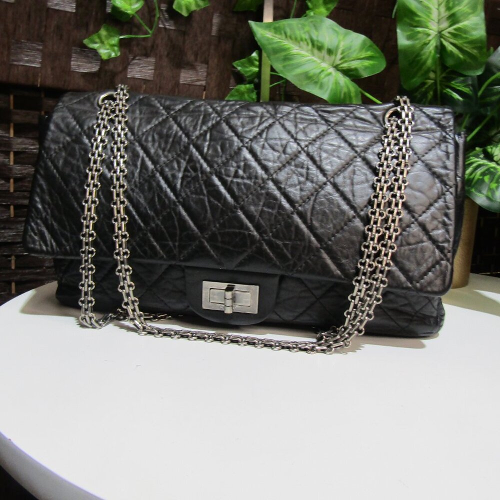 $10,800 AUTH CHANEL 2.55 AGED CALFSKIN DOUBLE FLAP SILVER TONE METAL BLACK